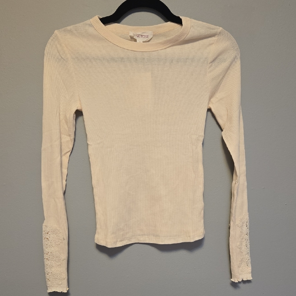 Pink Rose -  Cream Long Sleeve with Lace Cuffs